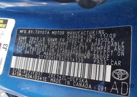 2010 Toyota Corolla S из США, поврежденный, VIN 2T1BU4EEXAC314139